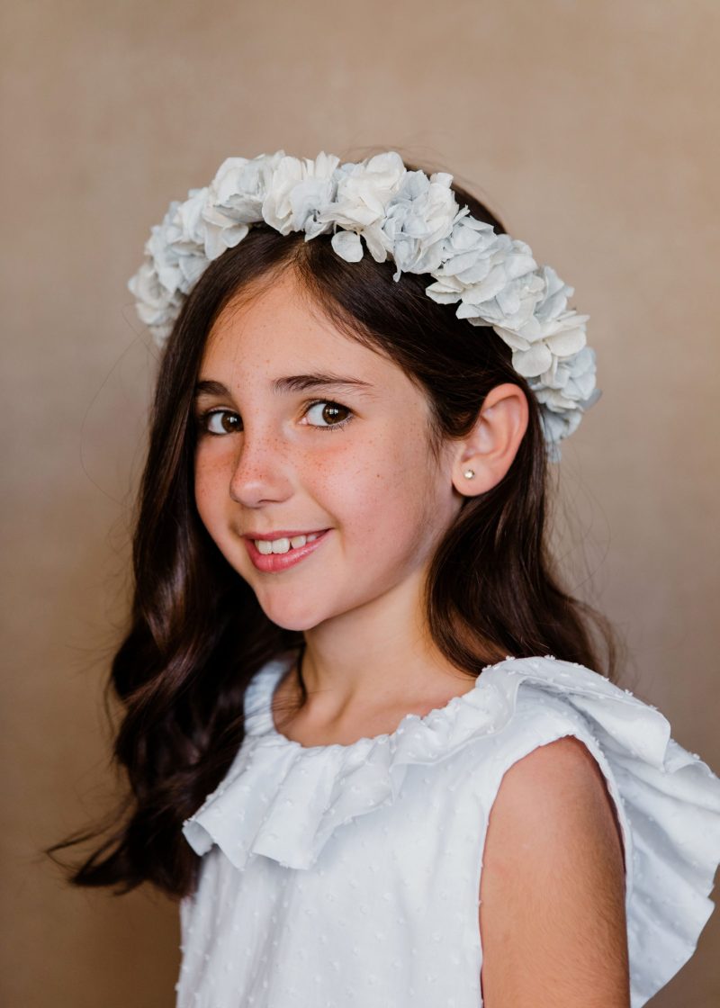 Corona de flores preservadas niña - Hortensias - Camomile Bouquet